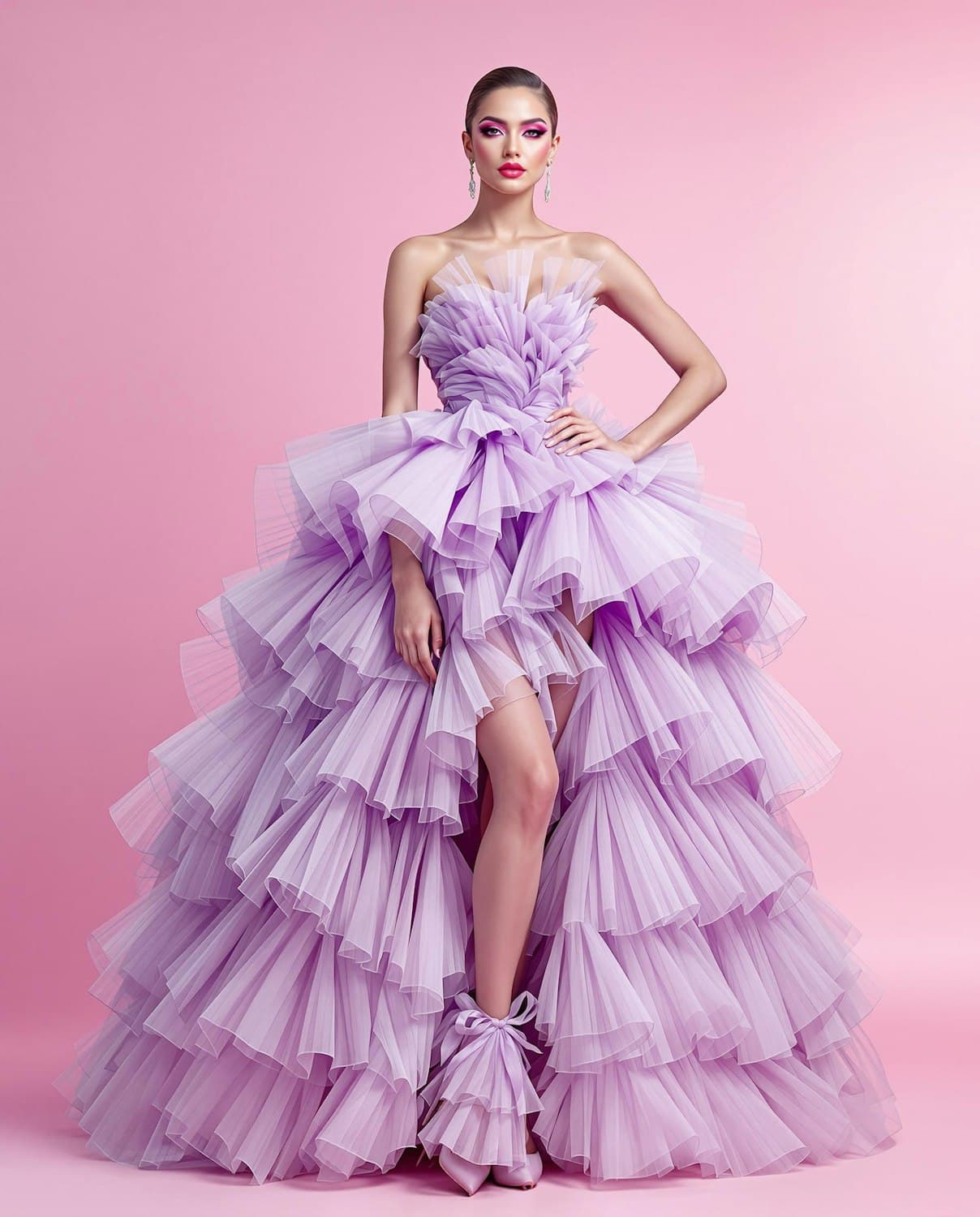 Strapless lilac gown of tiered pleated tulle with a high slit, shot against a pink backdrop