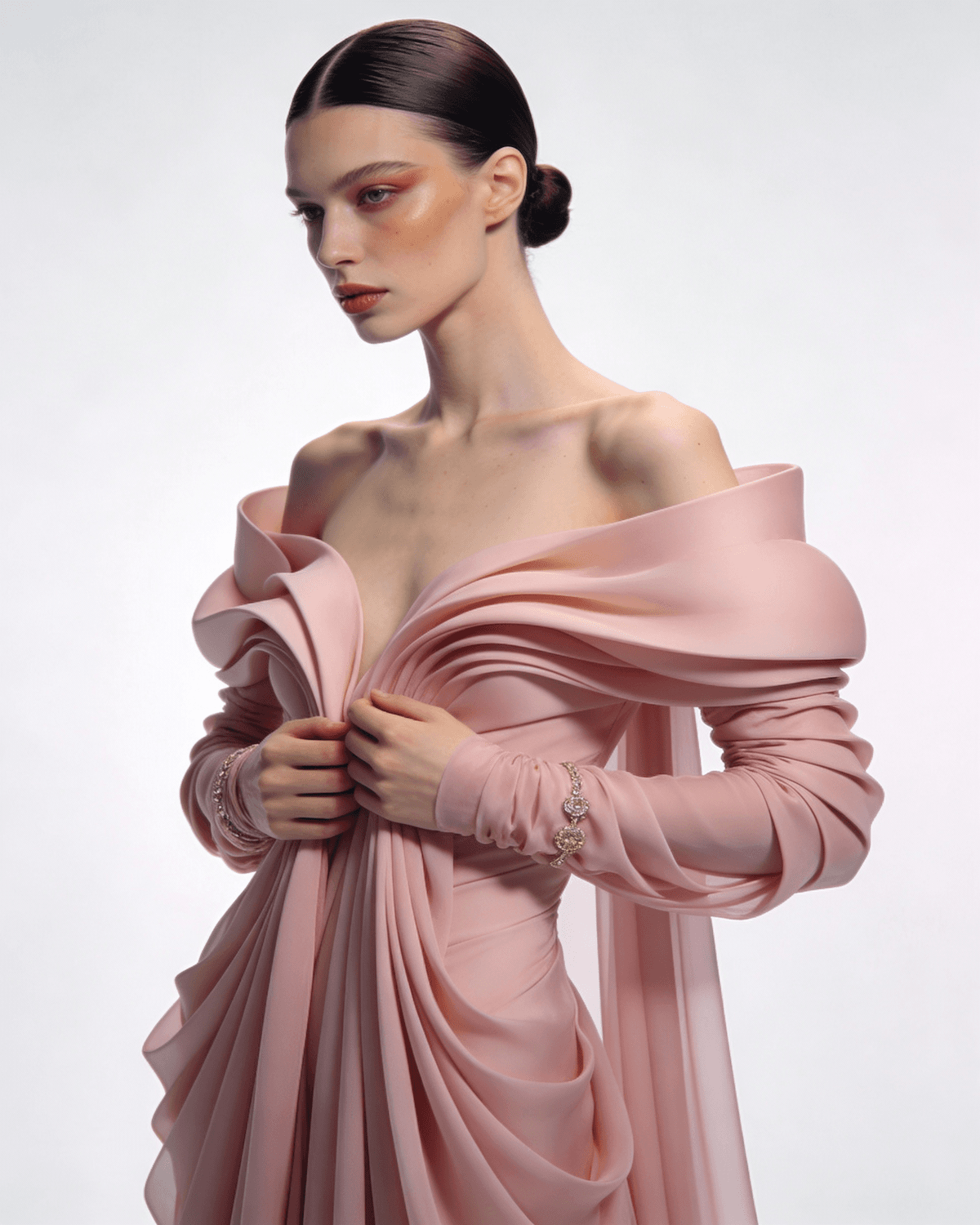 Model in a blush pink draped gown with sculptural folds across the shoulders