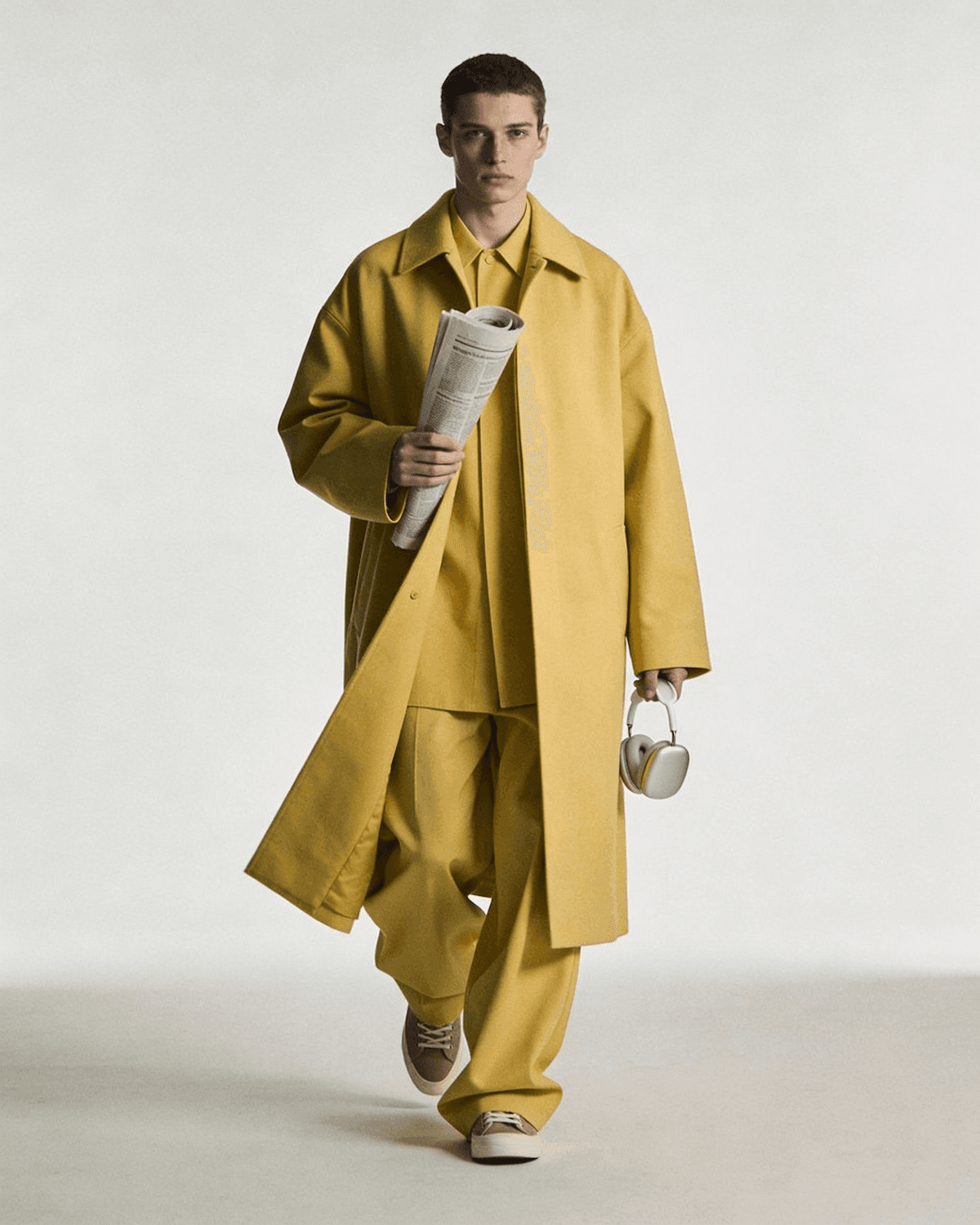 Oversized mustard coat over a matching shirt and wide trousers, with a rolled newspaper in hand