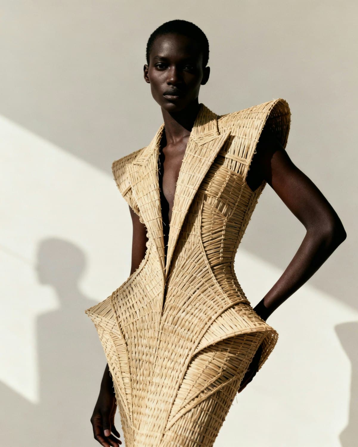 Sleeveless woven straw dress with sharp lapels, sculpted shoulders and flared hip panels