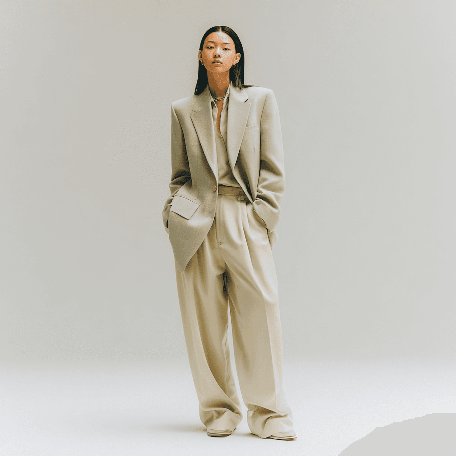 Model in an oversized oatmeal blazer and fluid cream trousers
