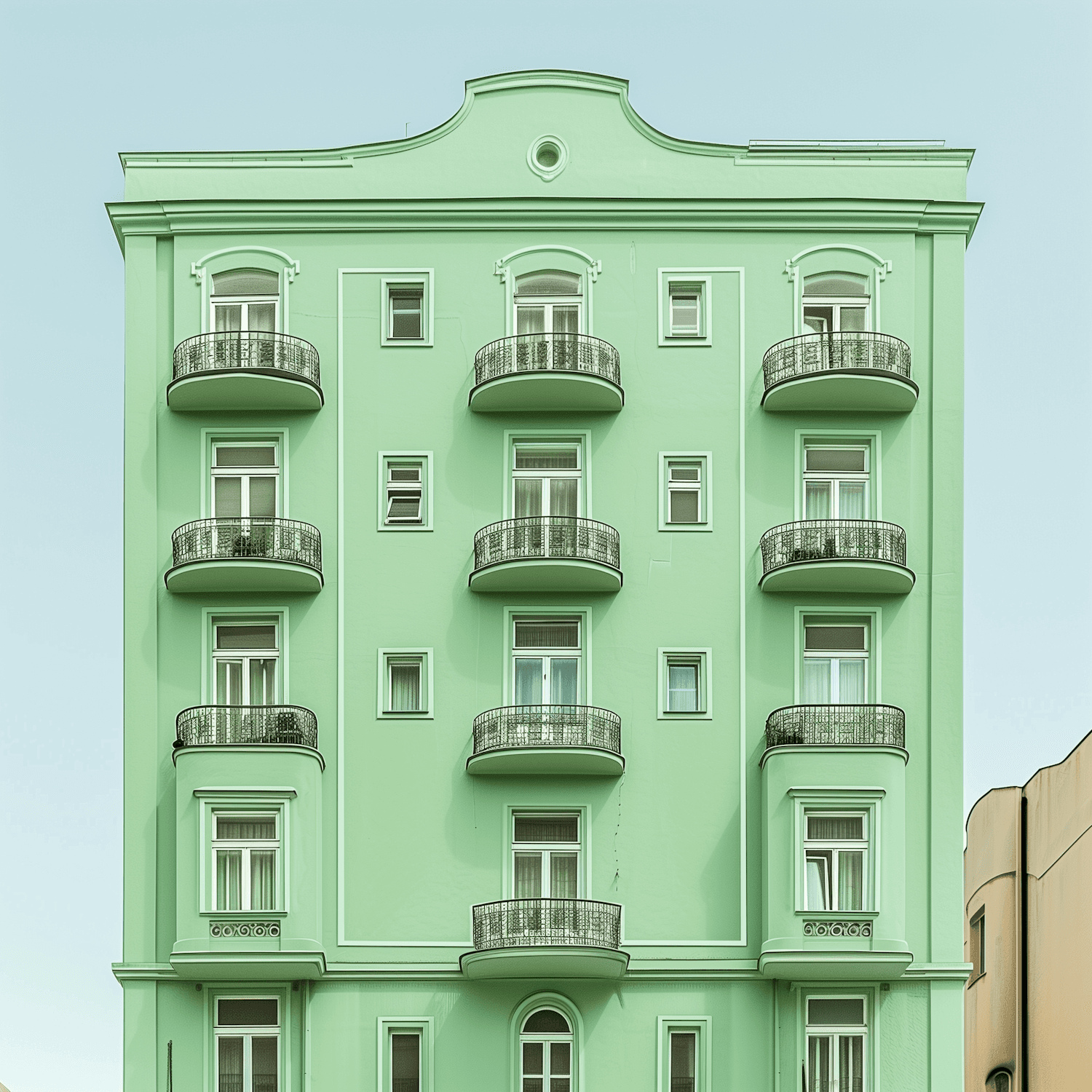 Pale green apartment building with rows of wrought iron balconies