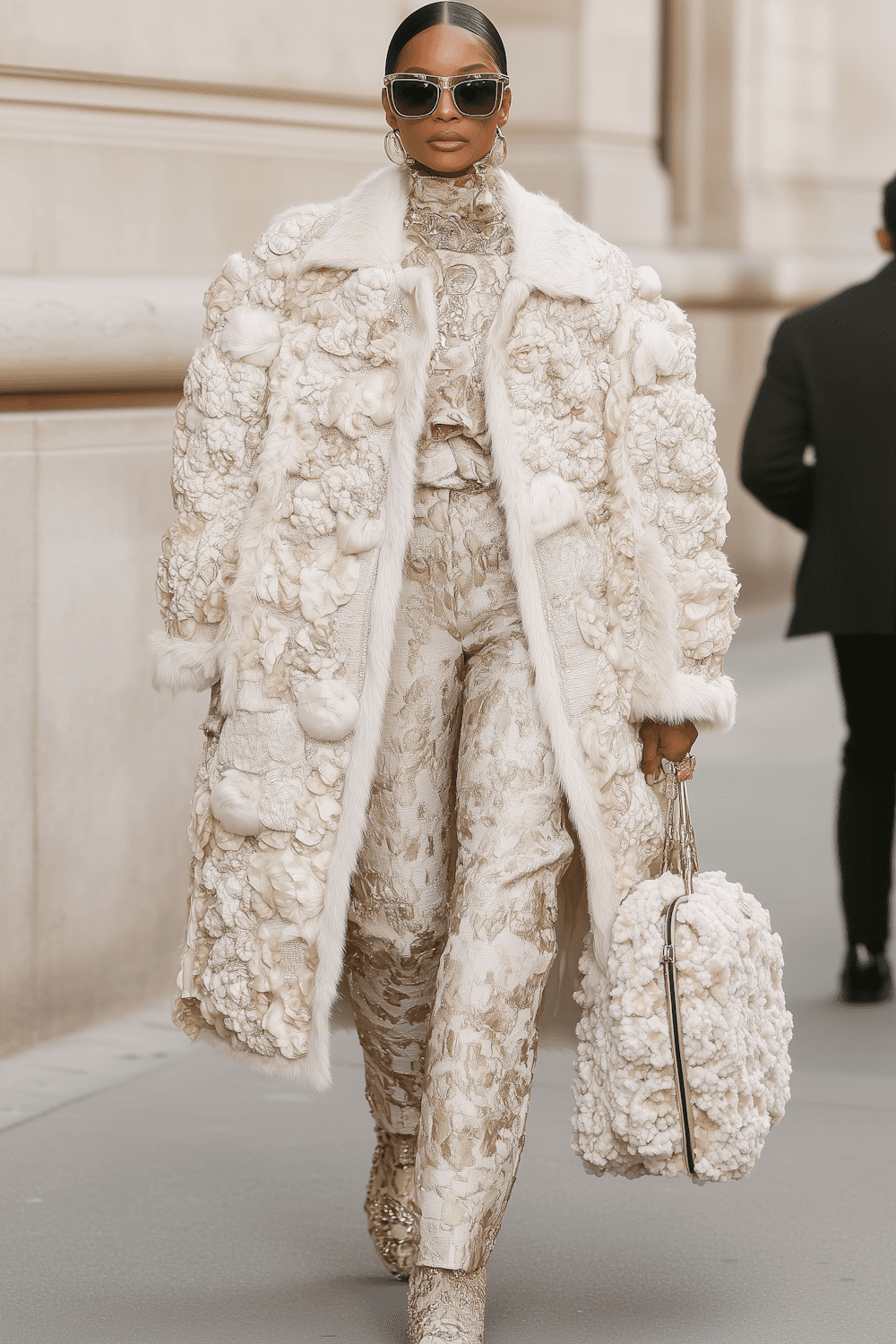 Woman walking along a stone facade in a textured cream coat, jacquard trousers and sunglasses