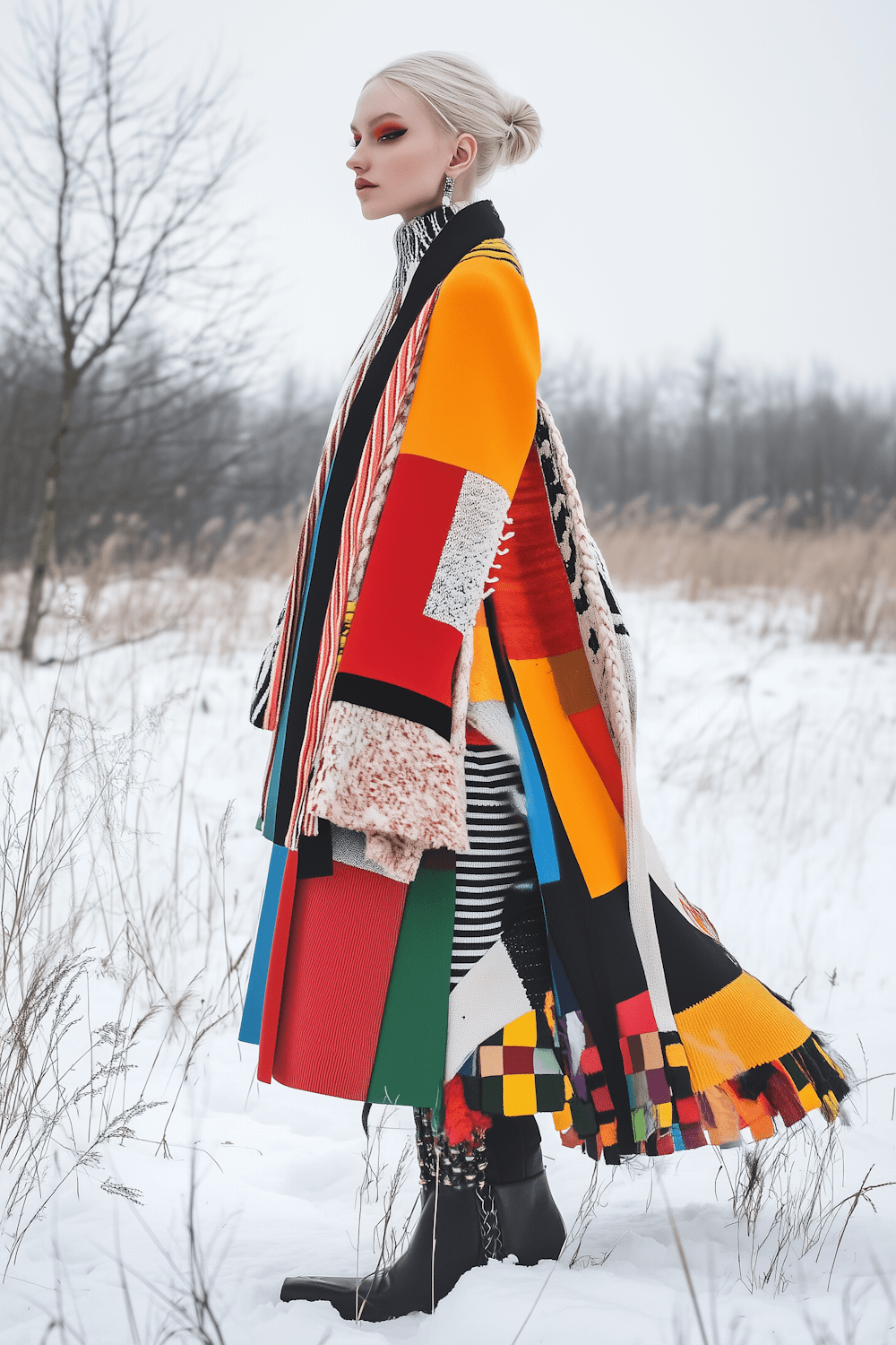 Model in a long patchwork knit coat of orange, red, green and black, fringed at the hem