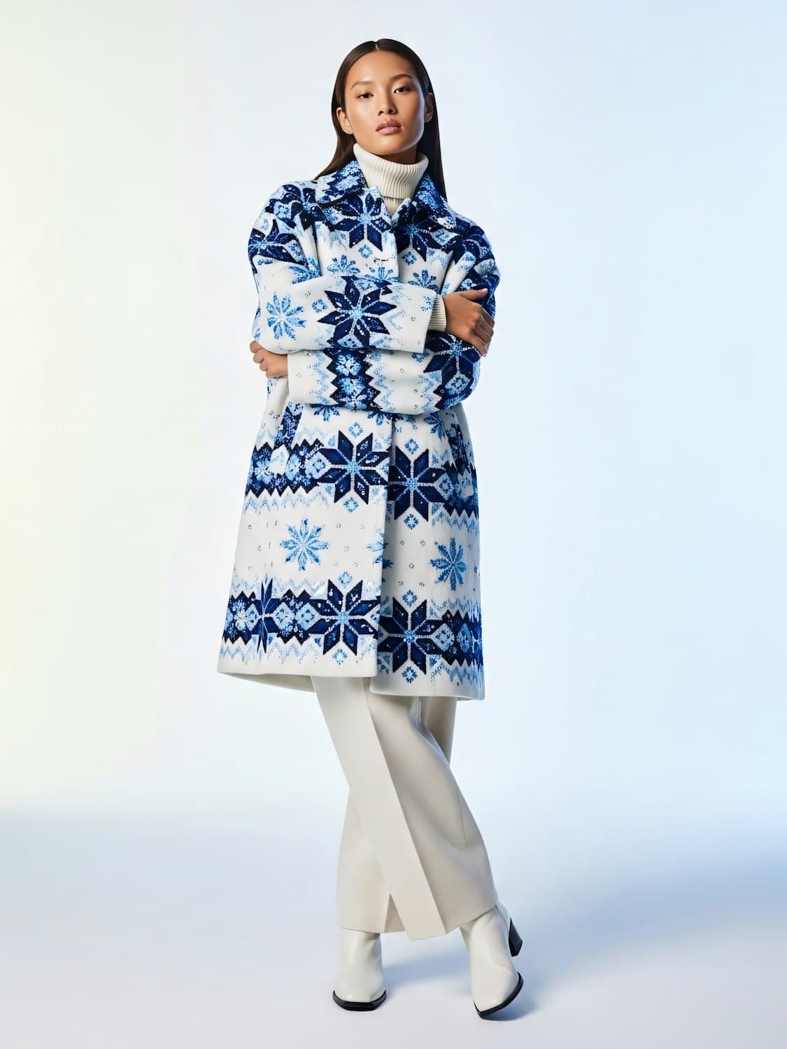 White coat patterned with navy and sky blue snowflakes, worn over a cream roll neck and trousers