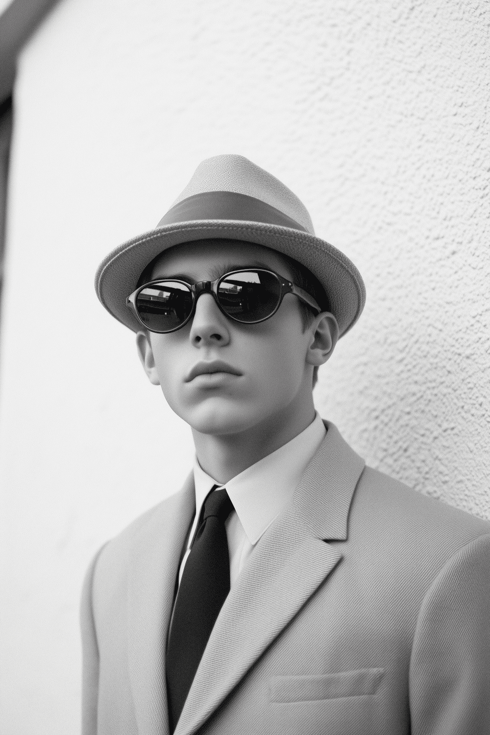 Black and white portrait of a young man in a pale suit, tie, fedora and round sunglasses