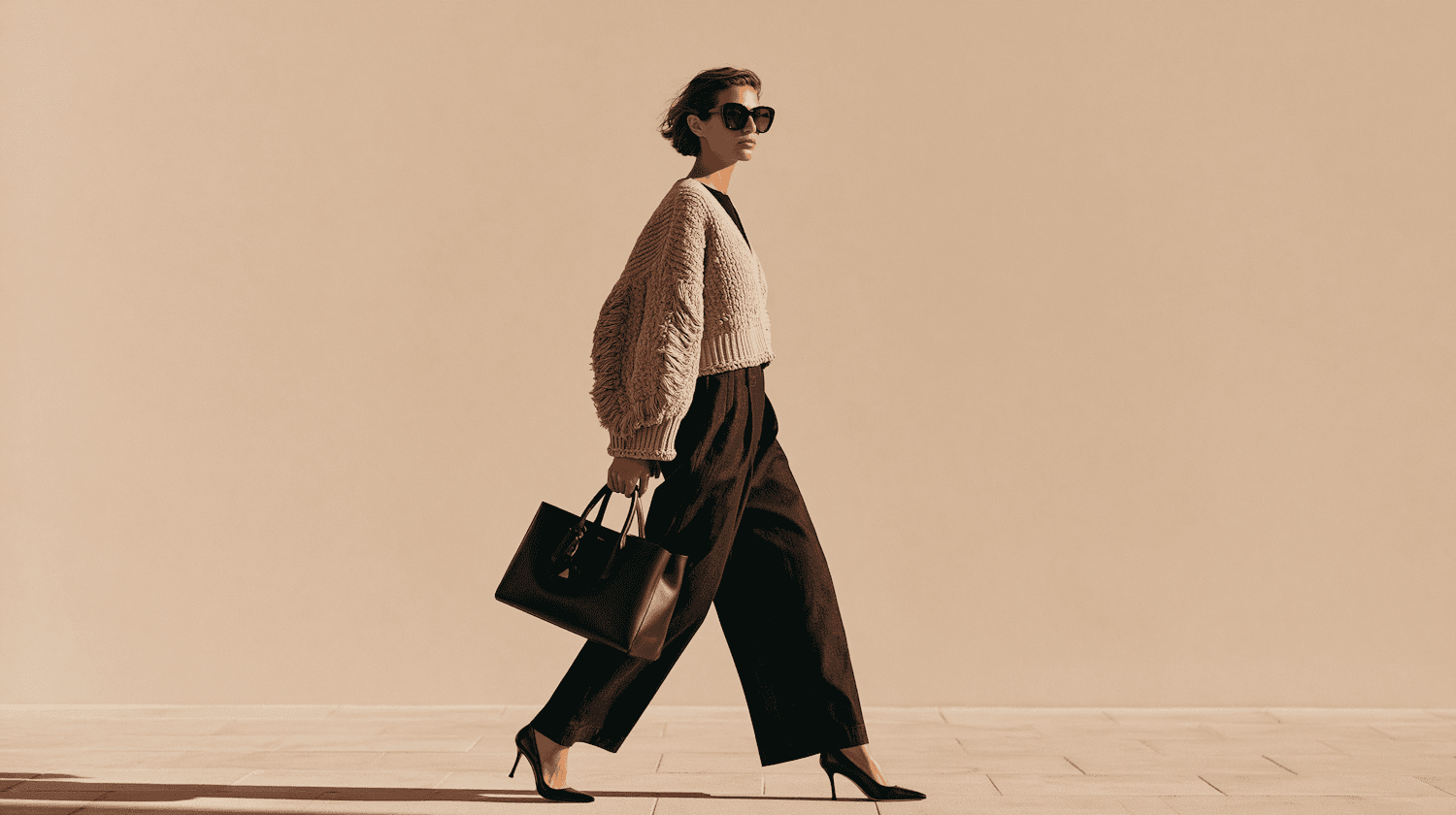Model walking past a sunlit stone wall in a textured cream cardigan and wide black trousers, carrying a black tote